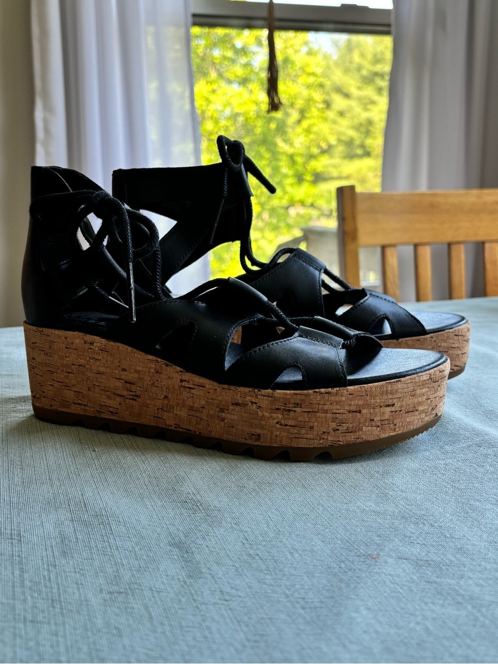 Sorel Black Lace-Up Cork Wedge Sandals